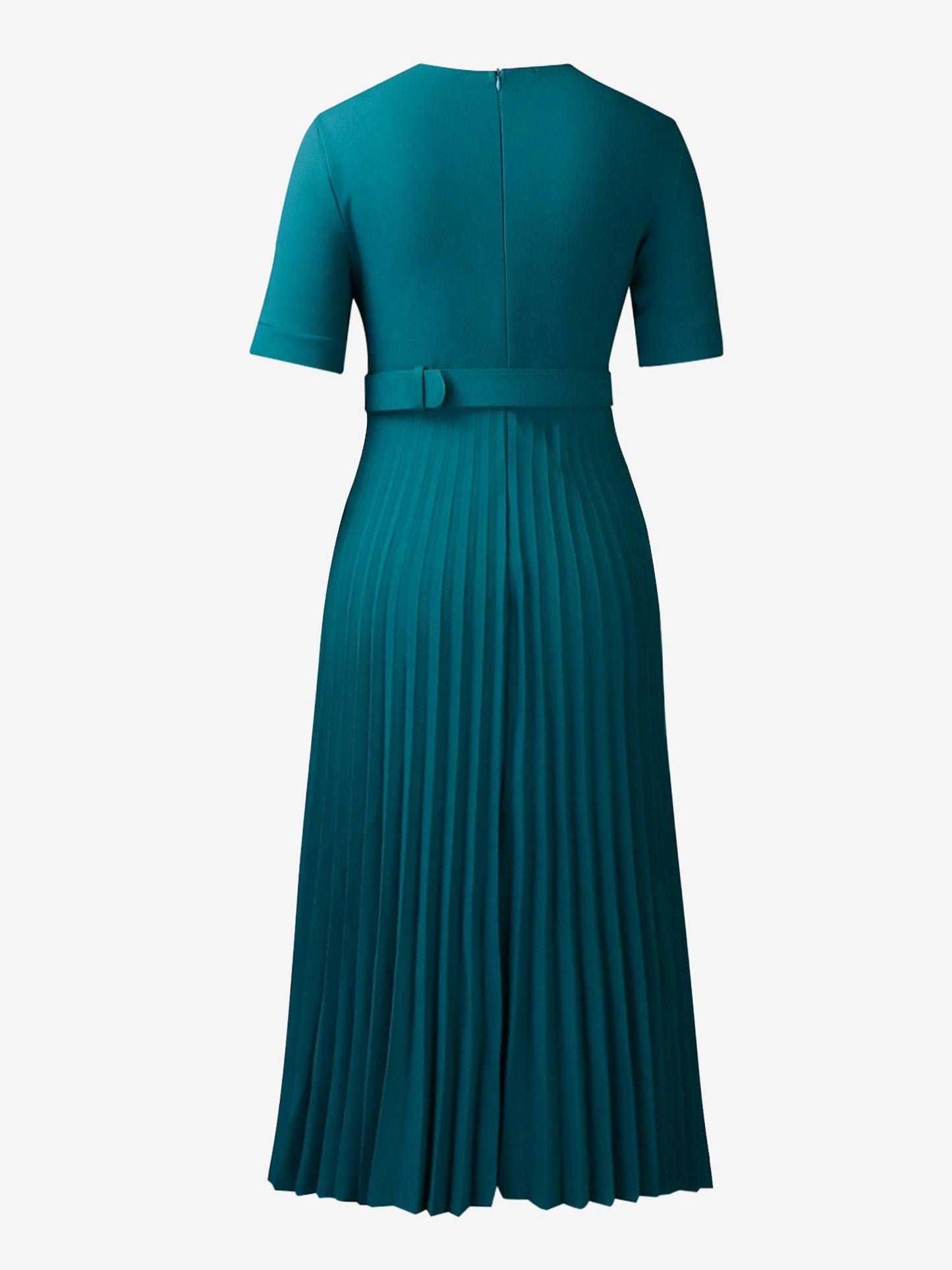 Lapel Belted Solid Color Pleated Midi Work Dress