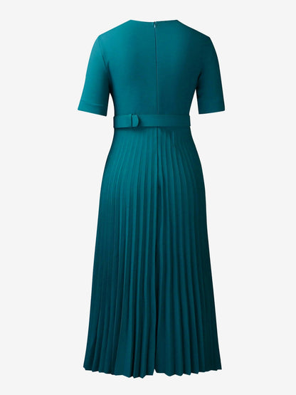Lapel Belted Solid Color Pleated Midi Work Dress