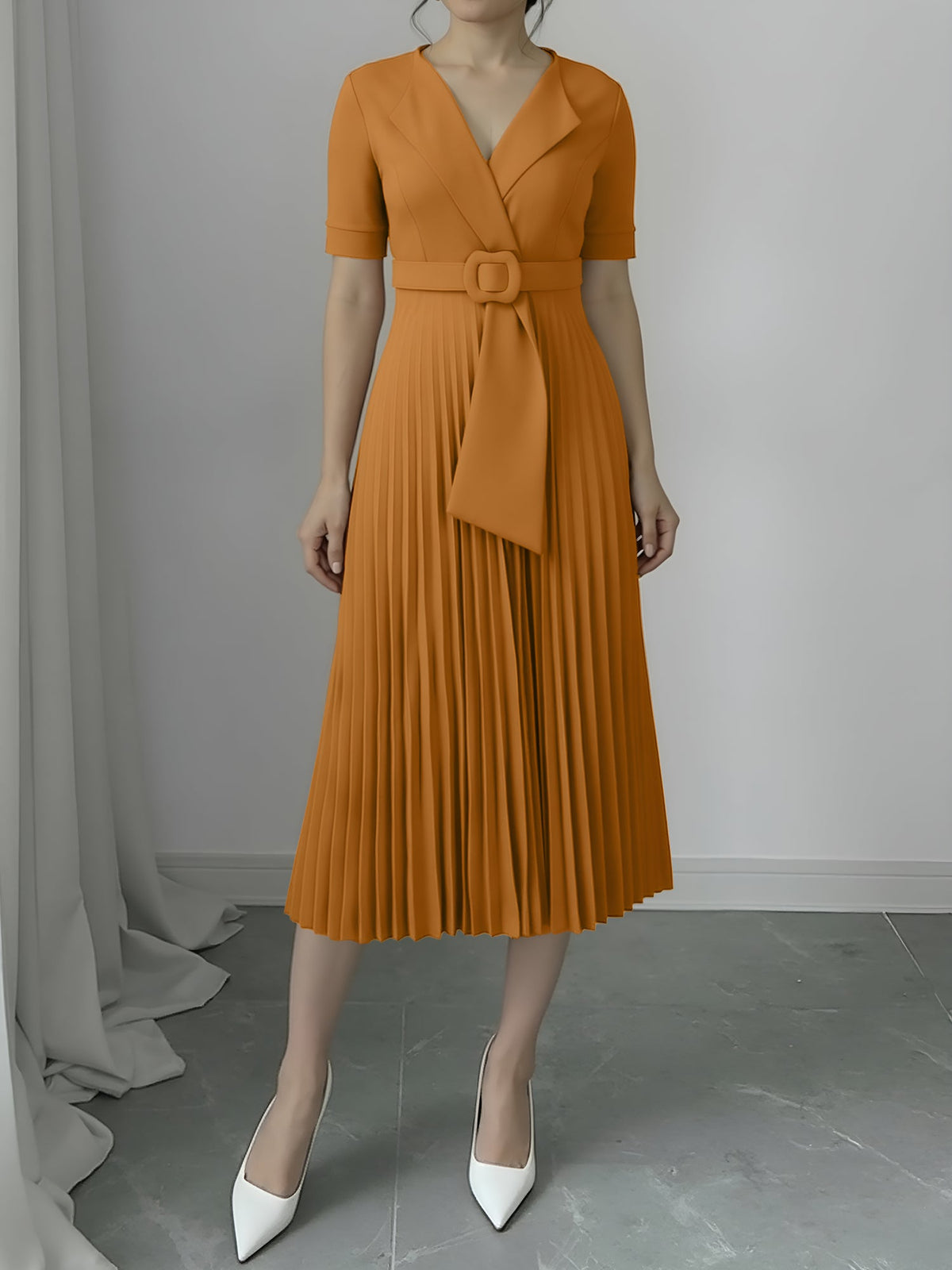 Lapel Belted Solid Color Pleated Midi Work Dress