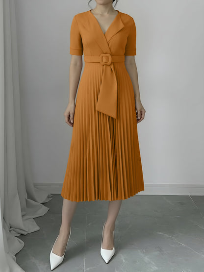 Lapel Belted Solid Color Pleated Midi Work Dress