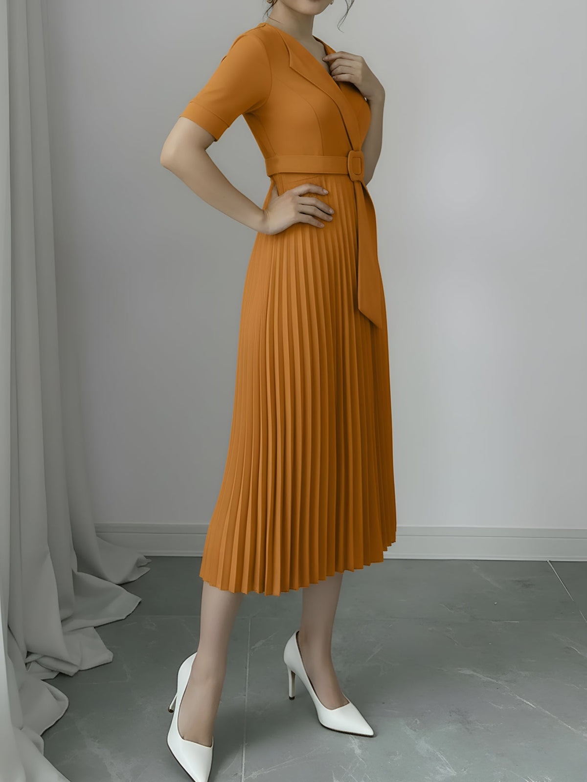 Lapel Belted Solid Color Pleated Midi Work Dress