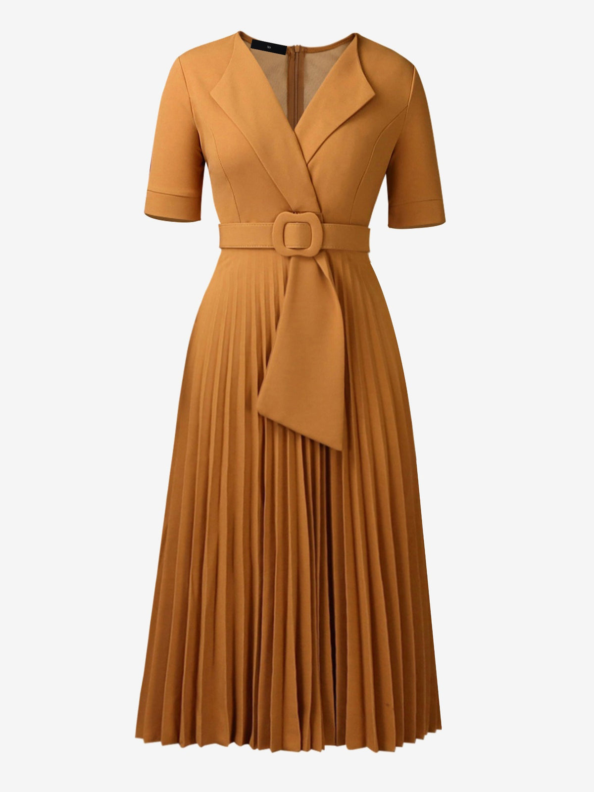 Lapel Belted Solid Color Pleated Midi Work Dress