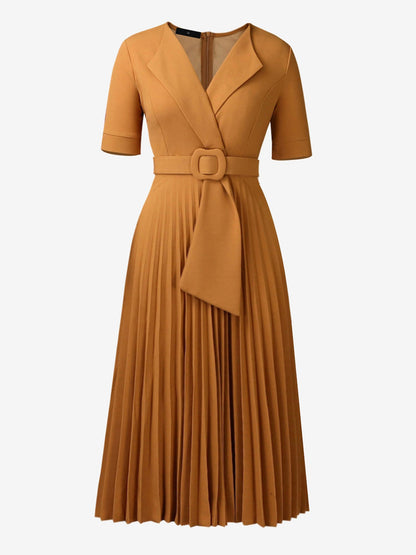 Lapel Belted Solid Color Pleated Midi Work Dress