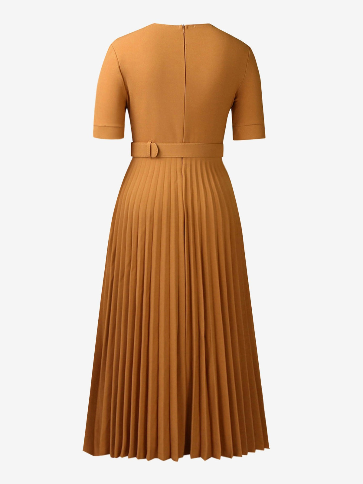 Lapel Belted Solid Color Pleated Midi Work Dress