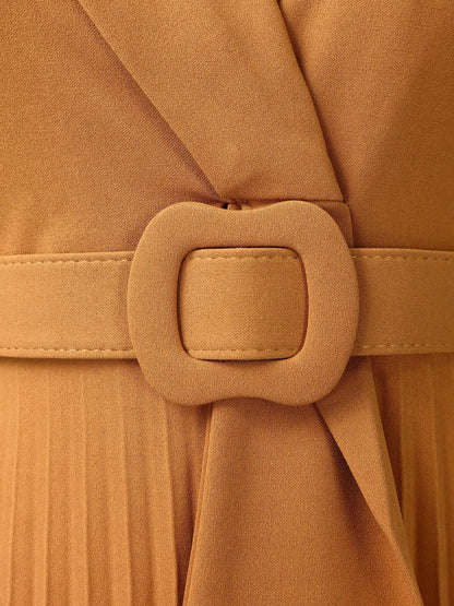 Lapel Belted Solid Color Pleated Midi Work Dress