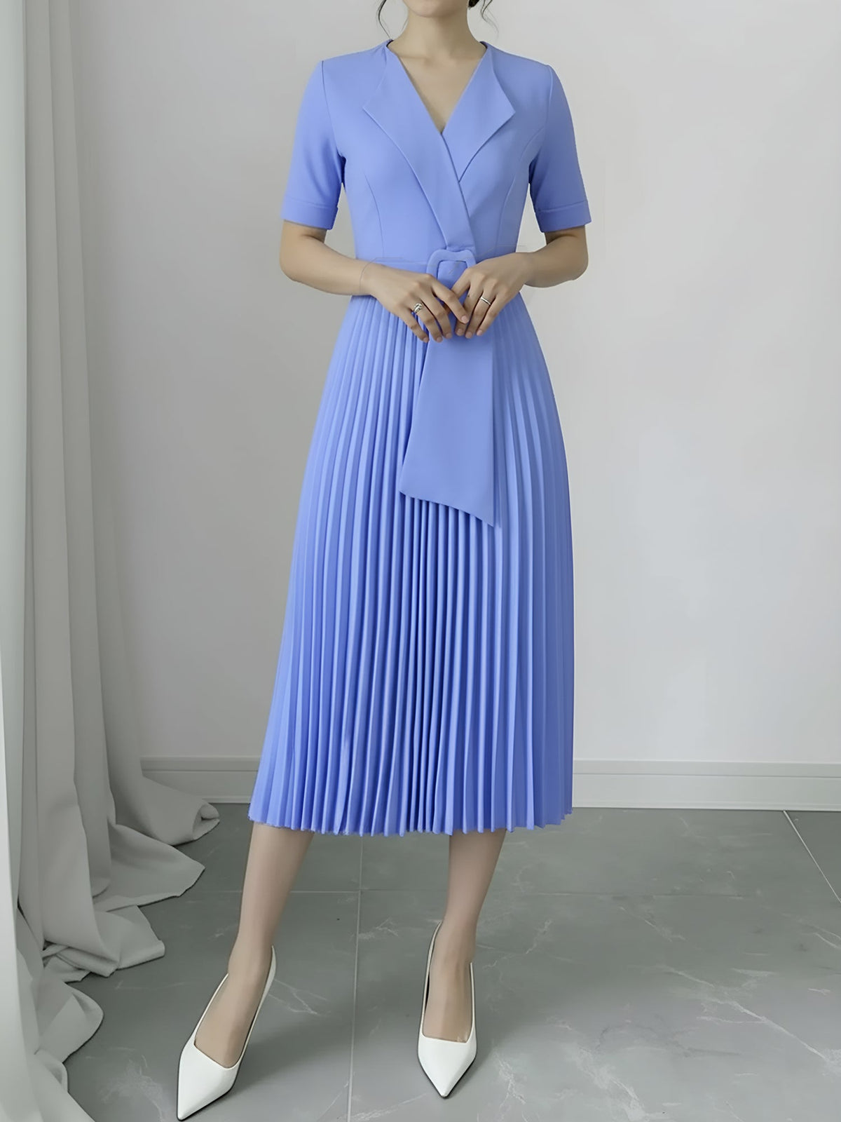 Lapel Belted Solid Color Pleated Midi Work Dress