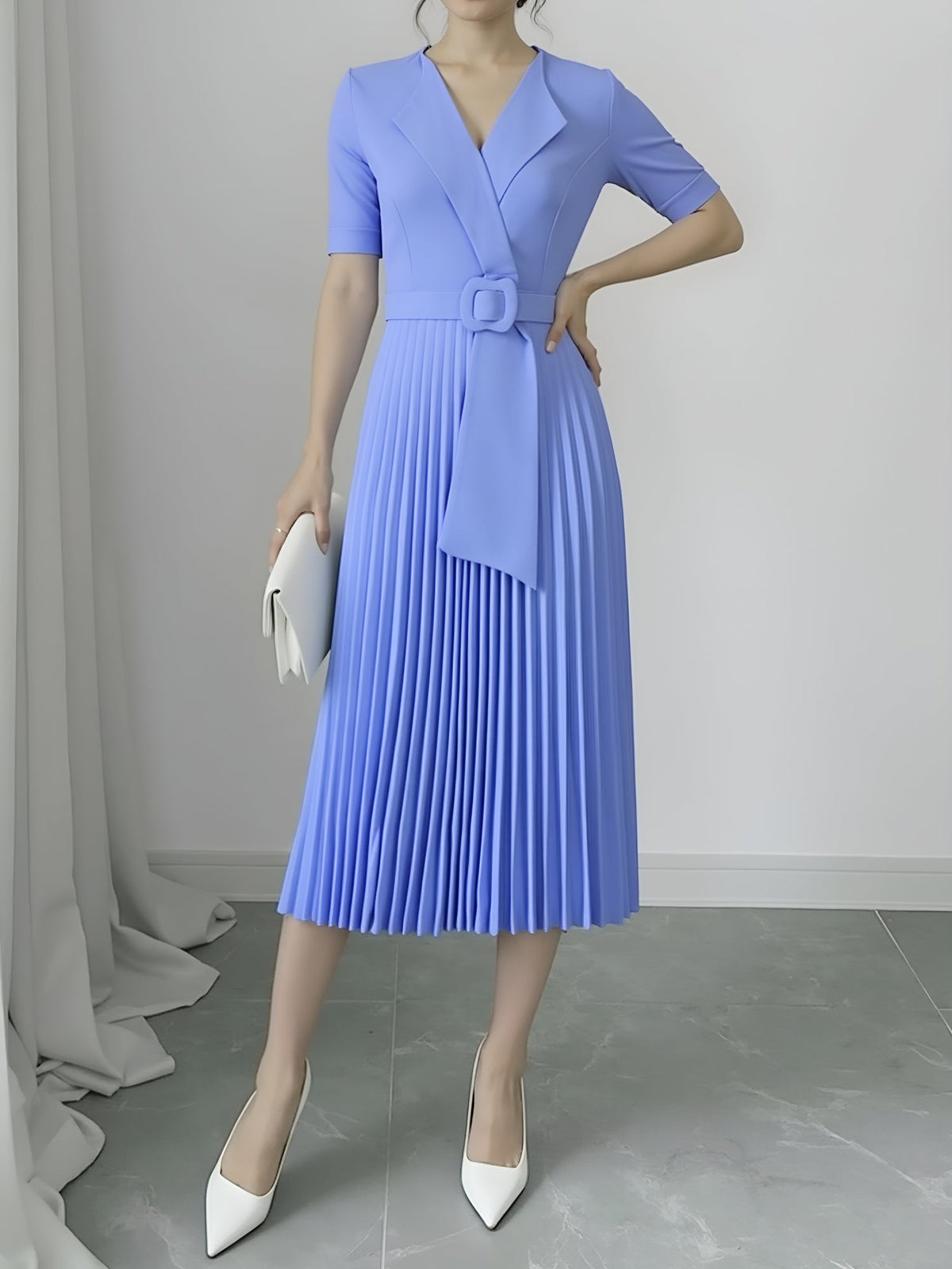 Lapel Belted Solid Color Pleated Midi Work Dress