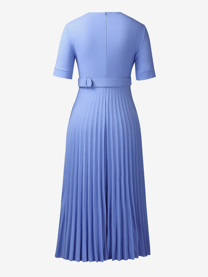 Lapel Belted Solid Color Pleated Midi Work Dress