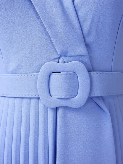 Lapel Belted Solid Color Pleated Midi Work Dress