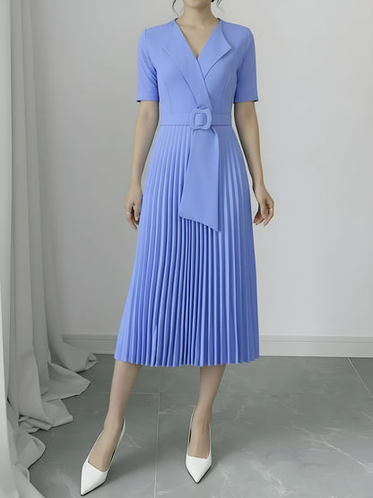 Lapel Belted Solid Color Pleated Midi Work Dress