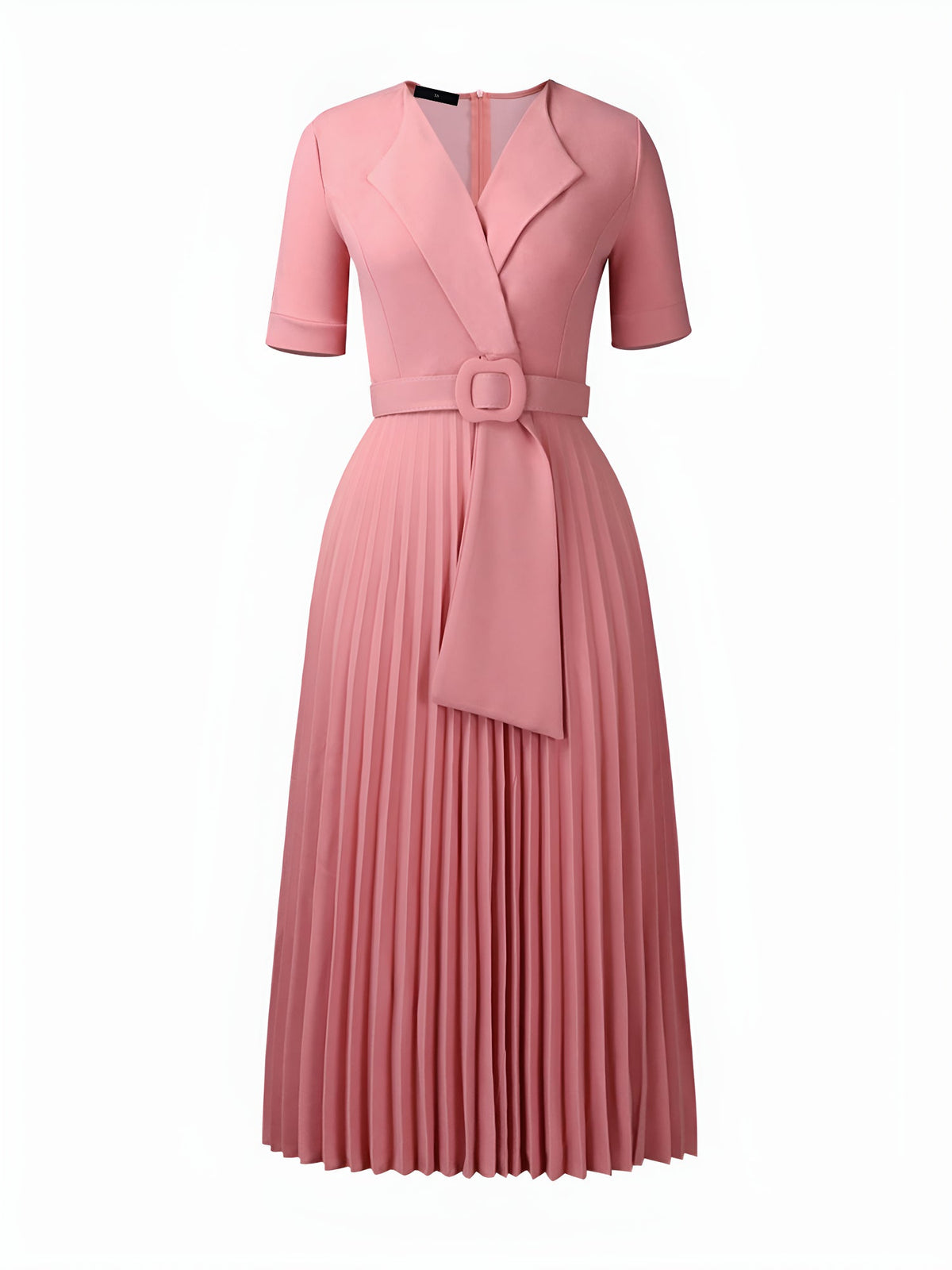 Lapel Belted Solid Color Pleated Midi Work Dress