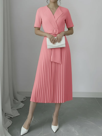 Lapel Belted Solid Color Pleated Midi Work Dress