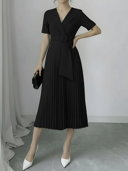 Lapel Belted Solid Color Pleated Midi Work Dress