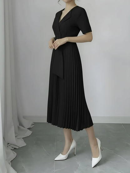 Lapel Belted Solid Color Pleated Midi Work Dress