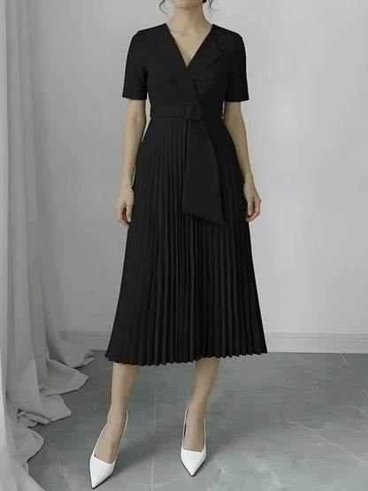Lapel Belted Solid Color Pleated Midi Work Dress