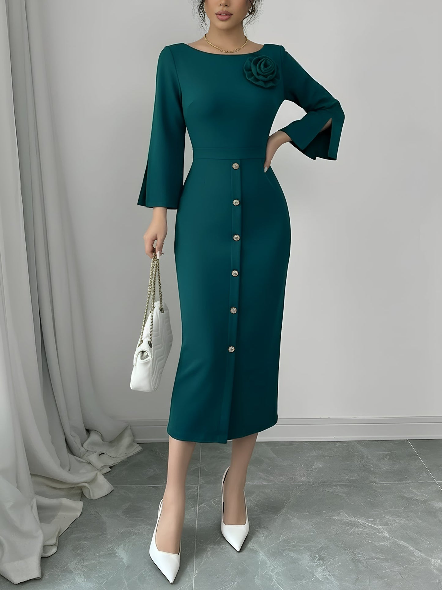 3/4 Slit Sleeves Round Neck Midi Sheath Dress