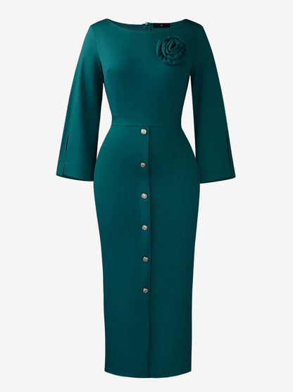 3/4 Slit Sleeves Round Neck Midi Sheath Dress