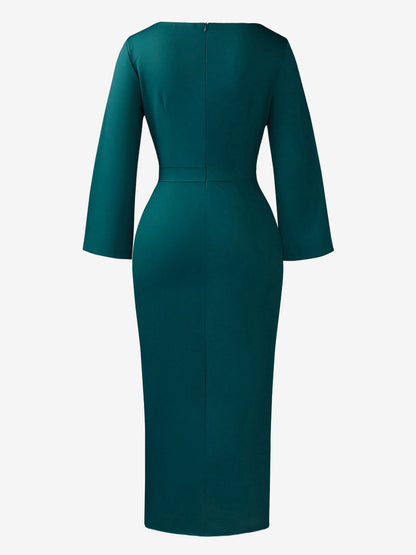 3/4 Slit Sleeves Round Neck Midi Sheath Dress