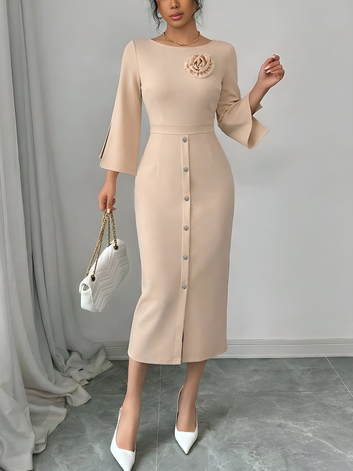 3/4 Slit Sleeves Round Neck Midi Sheath Dress