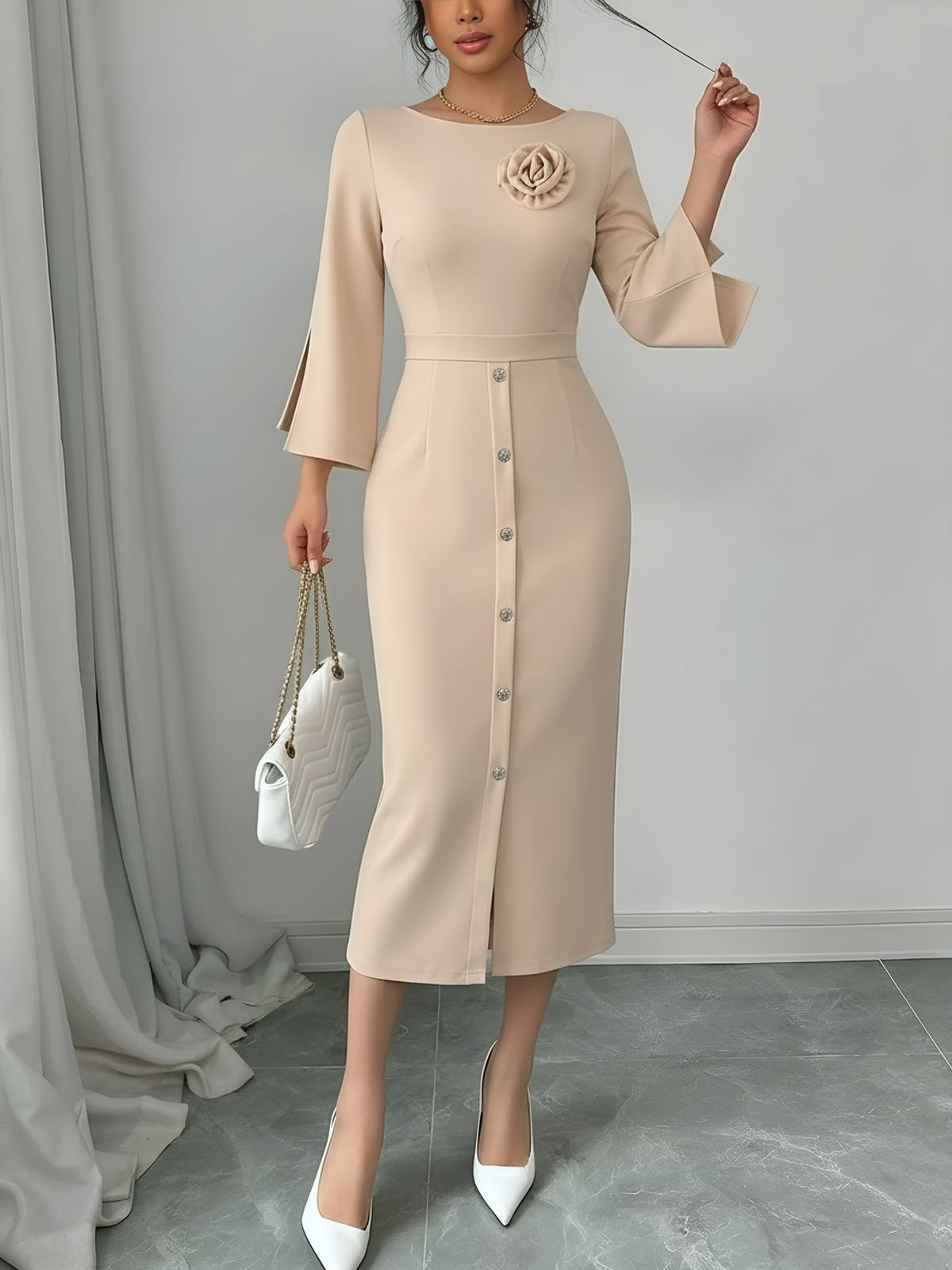 3/4 Slit Sleeves Round Neck Midi Sheath Dress