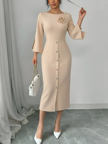 3/4 Slit Sleeves Round Neck Midi Sheath Dress