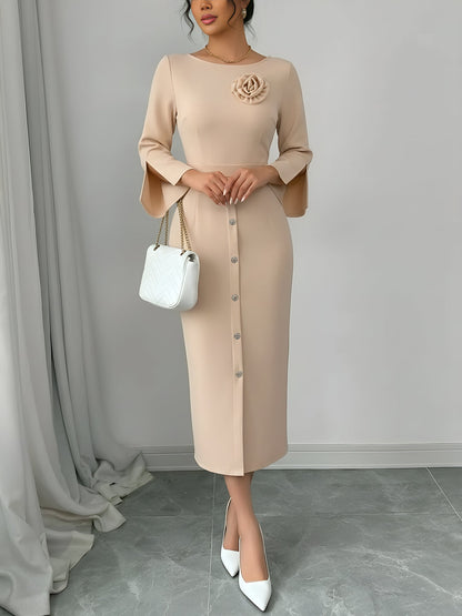 3/4 Slit Sleeves Round Neck Midi Sheath Dress