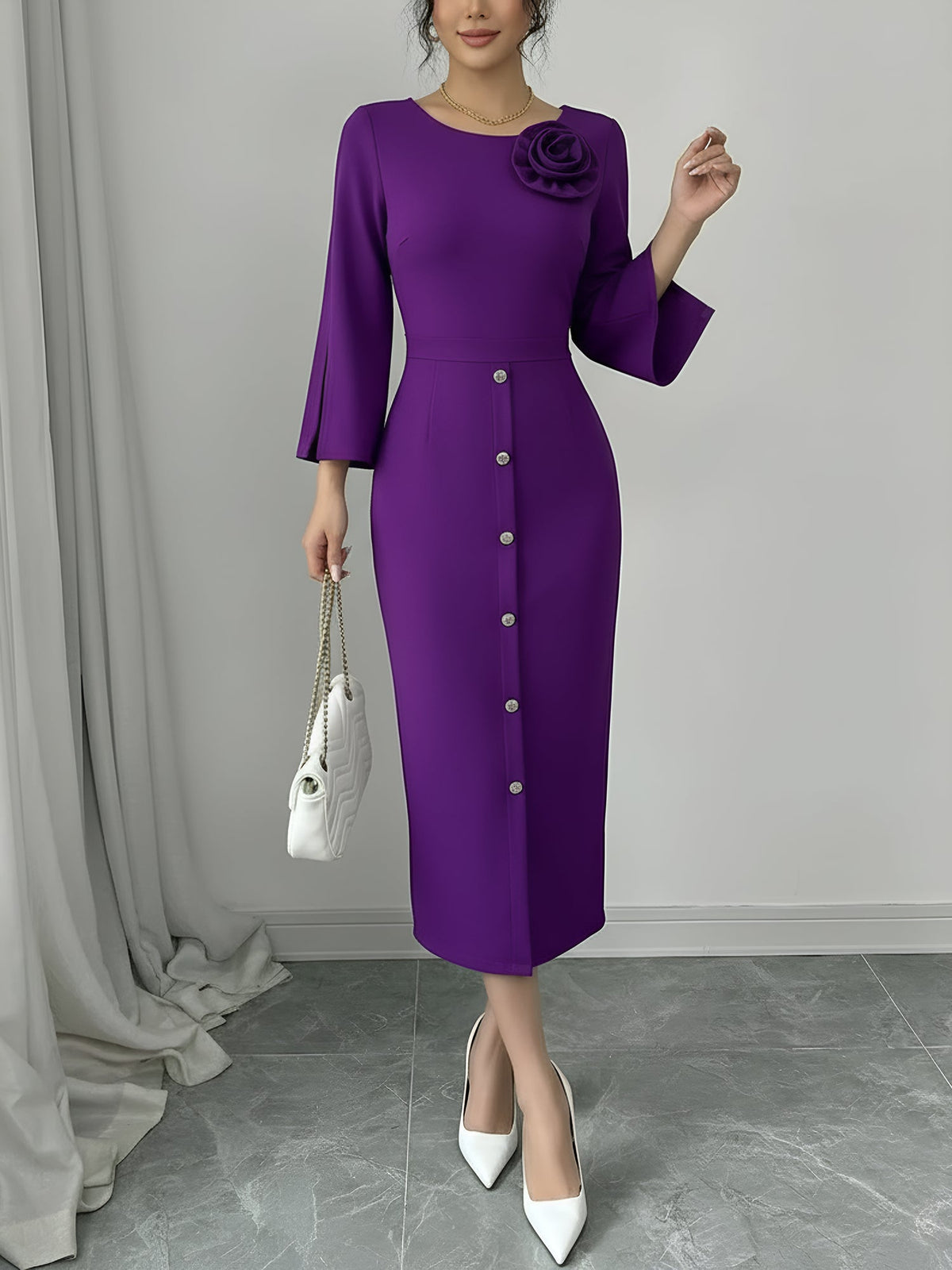 3/4 Slit Sleeves Round Neck Midi Sheath Dress