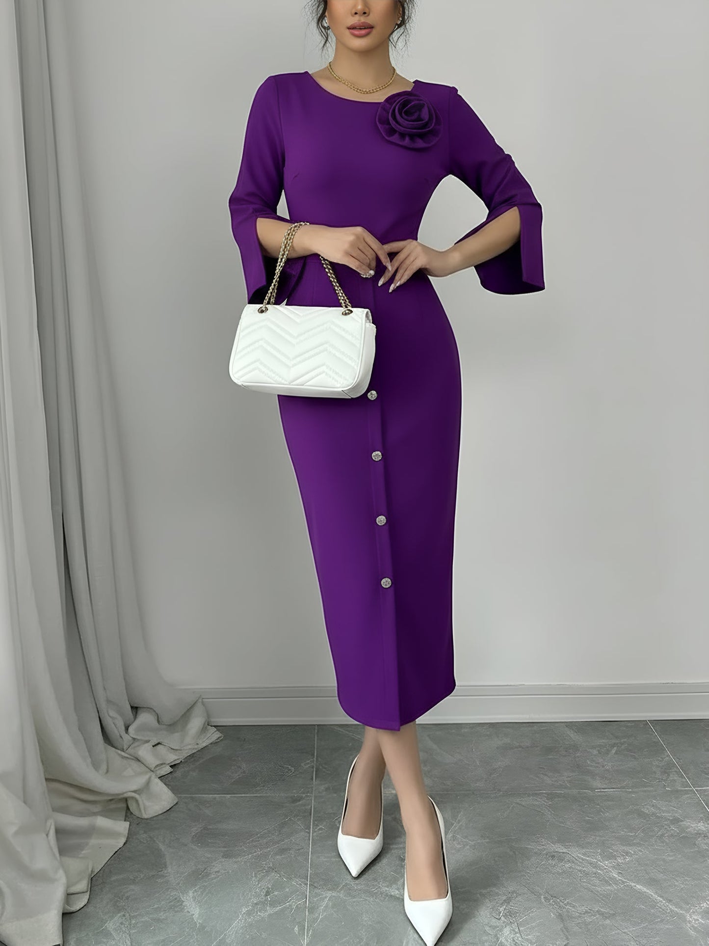 3/4 Slit Sleeves Round Neck Midi Sheath Dress