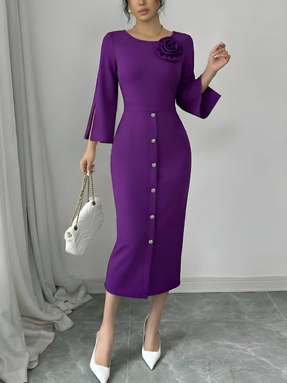 3/4 Slit Sleeves Round Neck Midi Sheath Dress