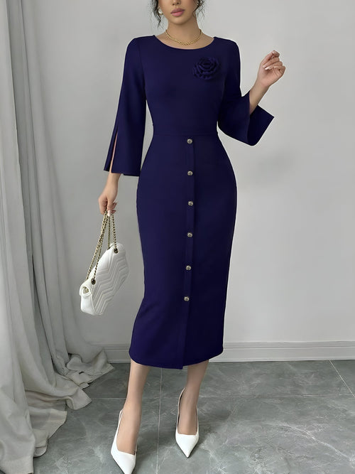 3/4 Slit Sleeves Round Neck Midi Sheath Dress