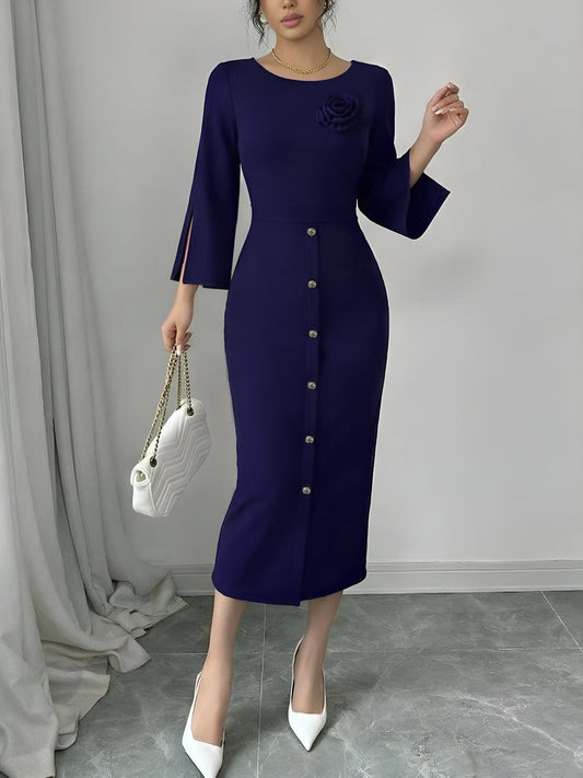 3/4 Slit Sleeves Round Neck Midi Sheath Dress