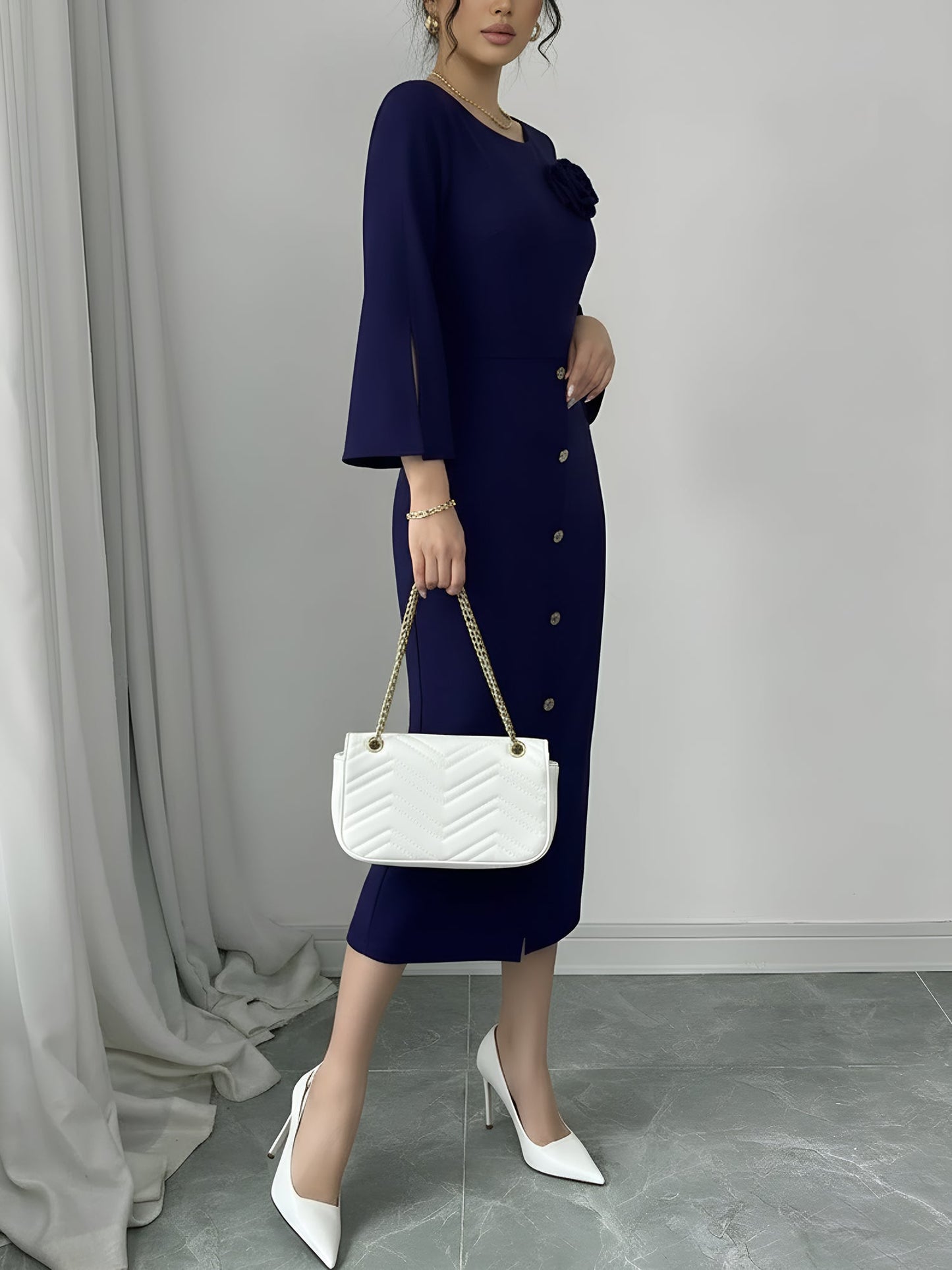 3/4 Slit Sleeves Round Neck Midi Sheath Dress