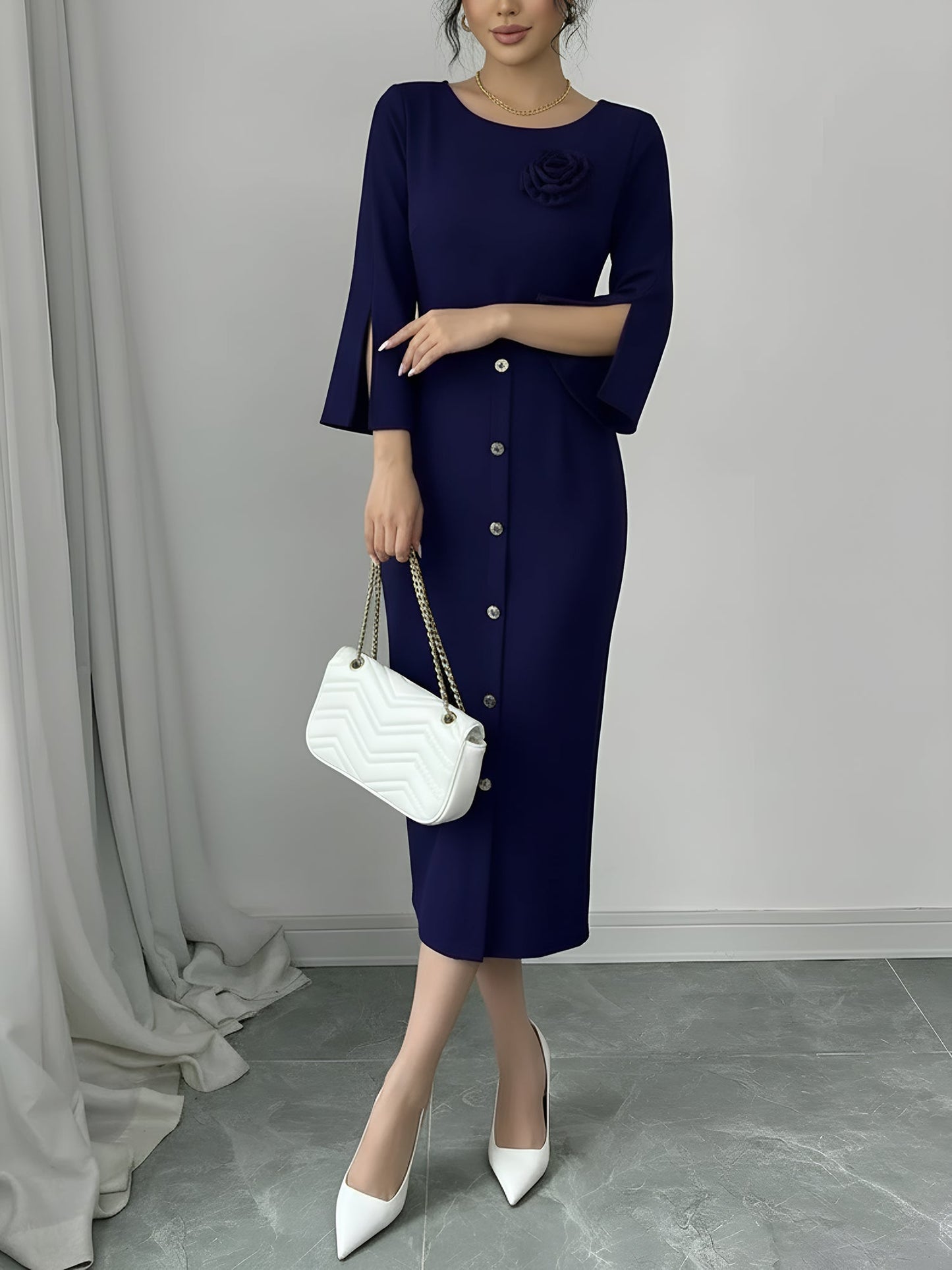 3/4 Slit Sleeves Round Neck Midi Sheath Dress