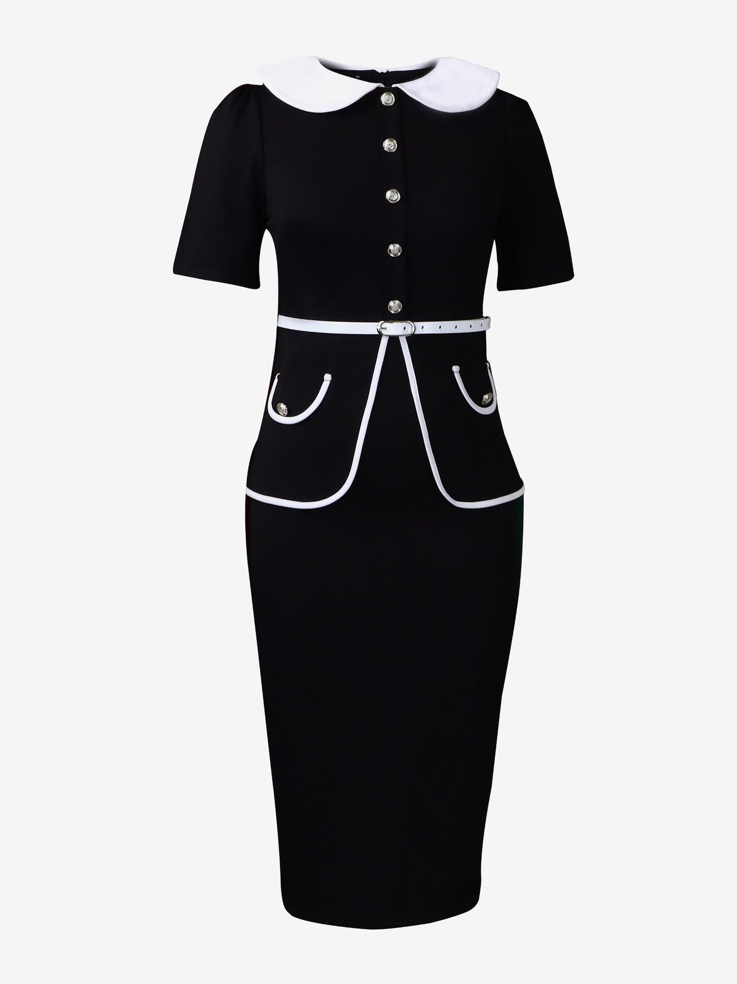 Peter Pan Collar Colorblock Belted Midi Sheath Dress