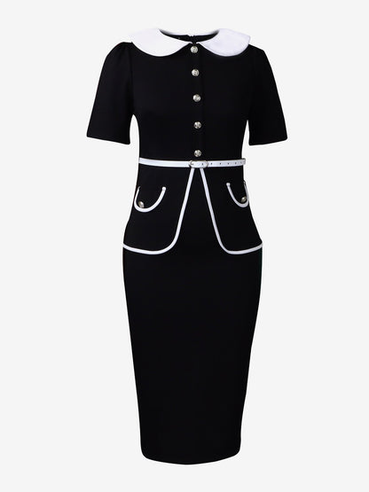 Peter Pan Collar Colorblock Belted Midi Sheath Dress