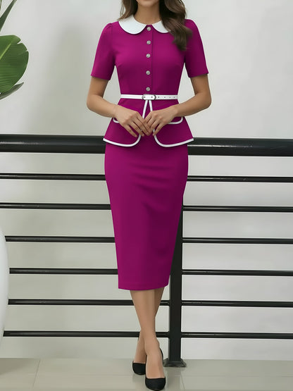 Peter Pan Collar Colorblock Belted Midi Sheath Dress