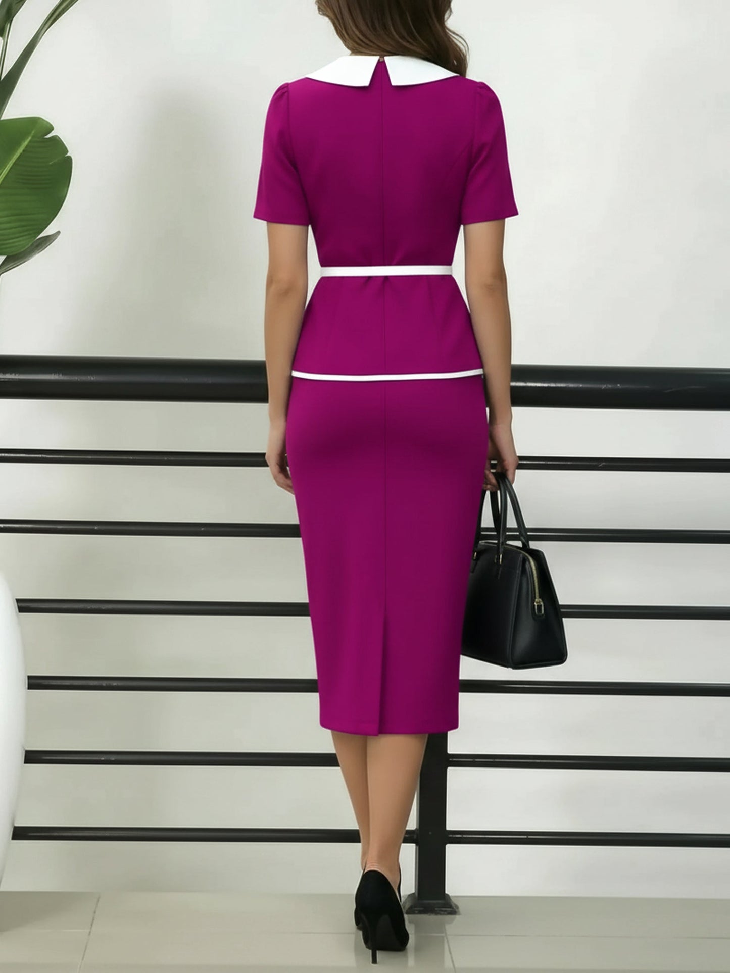 Peter Pan Collar Colorblock Belted Midi Sheath Dress