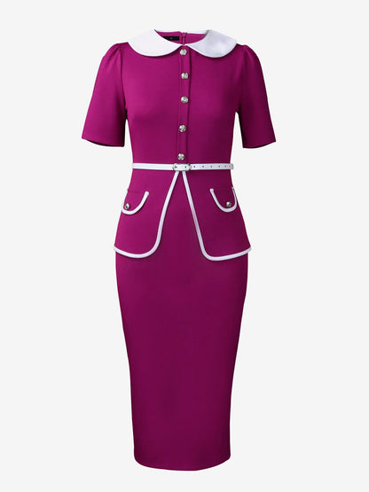 Peter Pan Collar Colorblock Belted Midi Sheath Dress