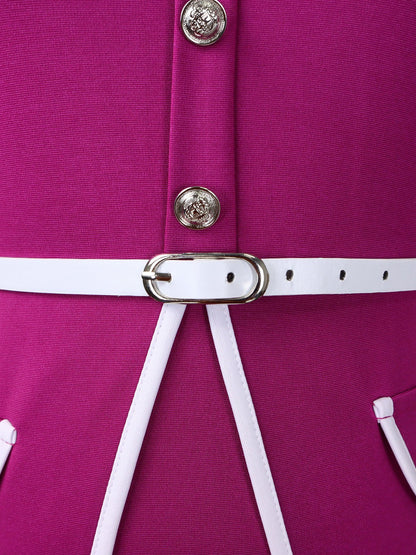 Peter Pan Collar Colorblock Belted Midi Sheath Dress