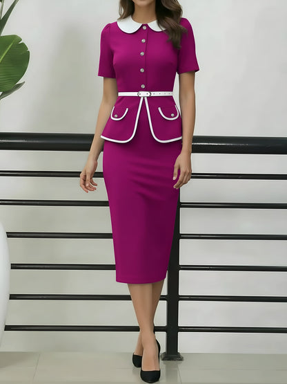 Peter Pan Collar Colorblock Belted Midi Sheath Dress