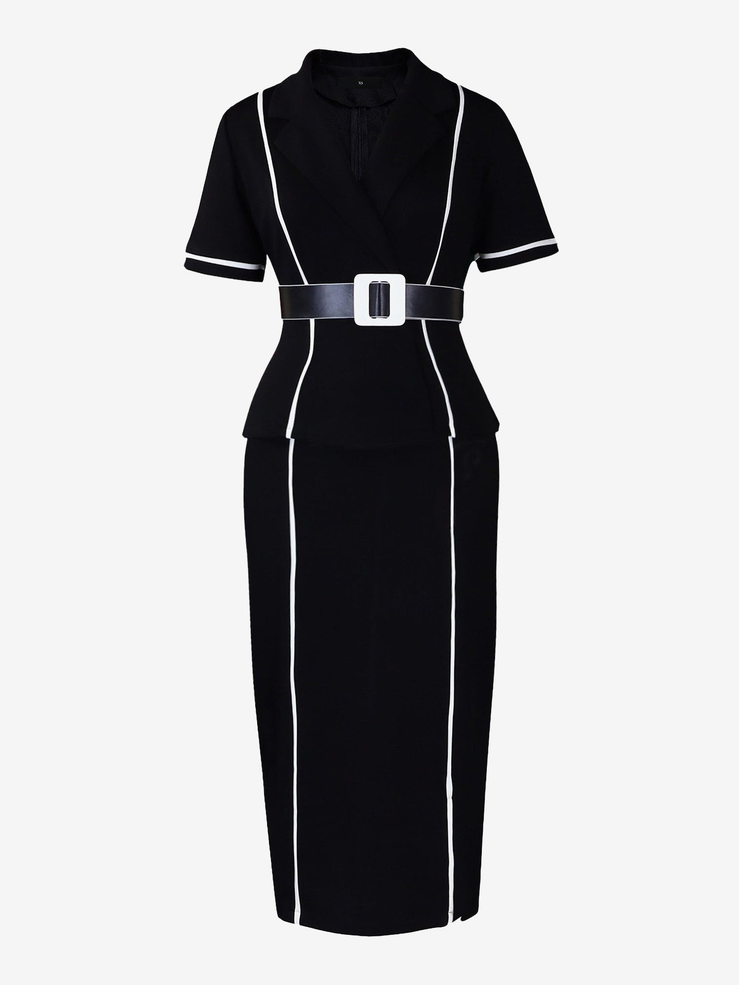 Notched Lapel Colorblock Belted Midi Sheath Dress