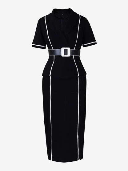 Notched Lapel Colorblock Belted Midi Sheath Dress