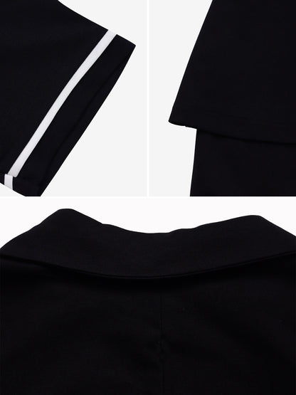 Notched Lapel Colorblock Belted Midi Sheath Dress