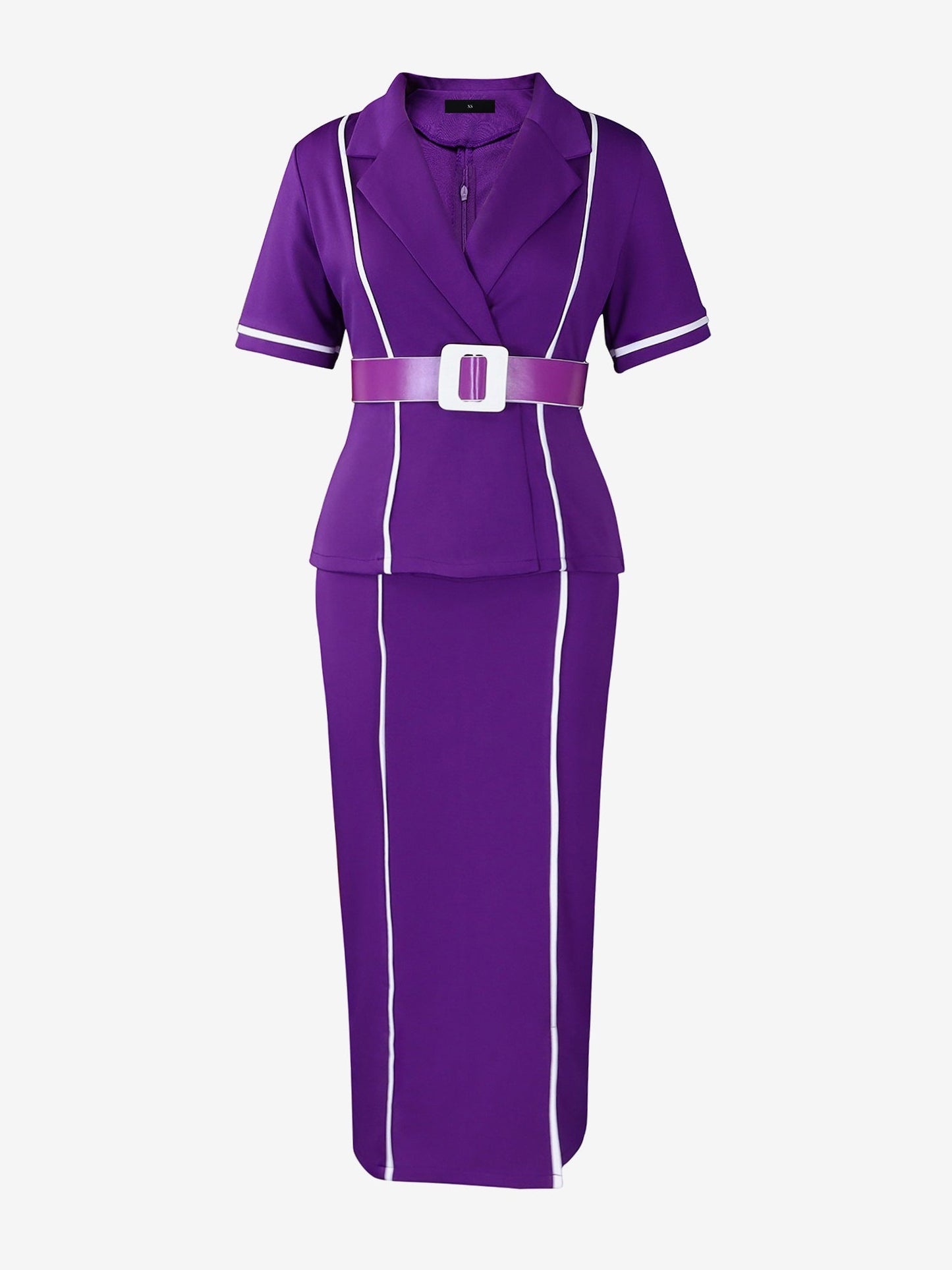 Notched Lapel Colorblock Belted Midi Sheath Dress