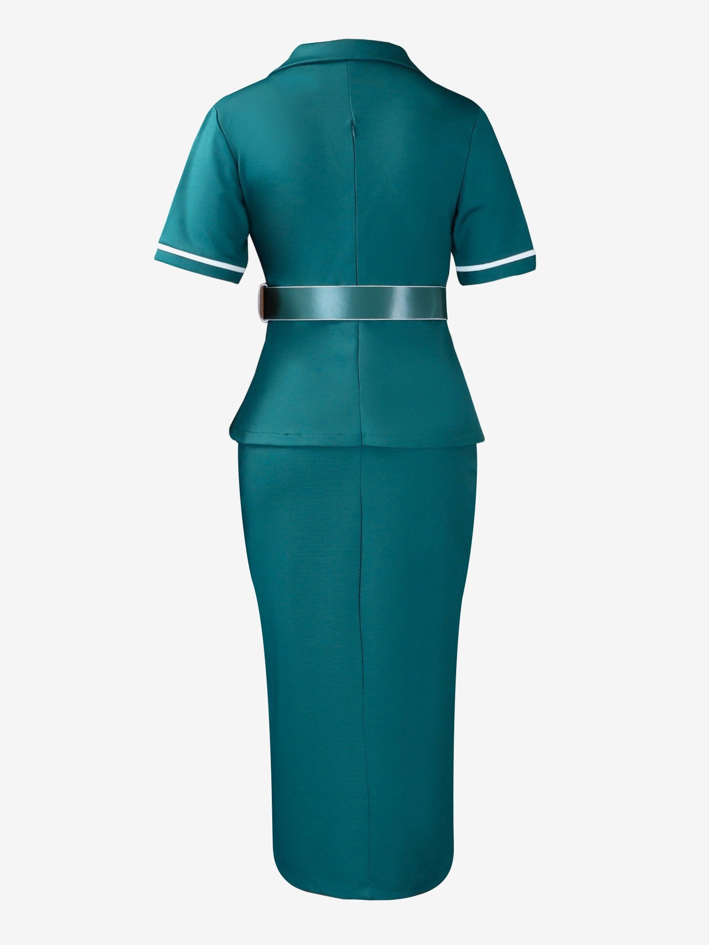 Notched Lapel Colorblock Belted Midi Sheath Dress