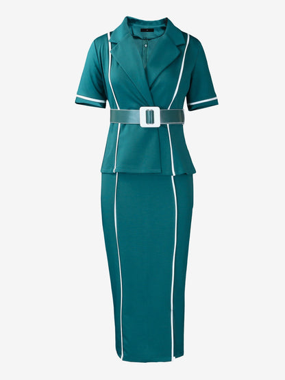 Notched Lapel Colorblock Belted Midi Sheath Dress
