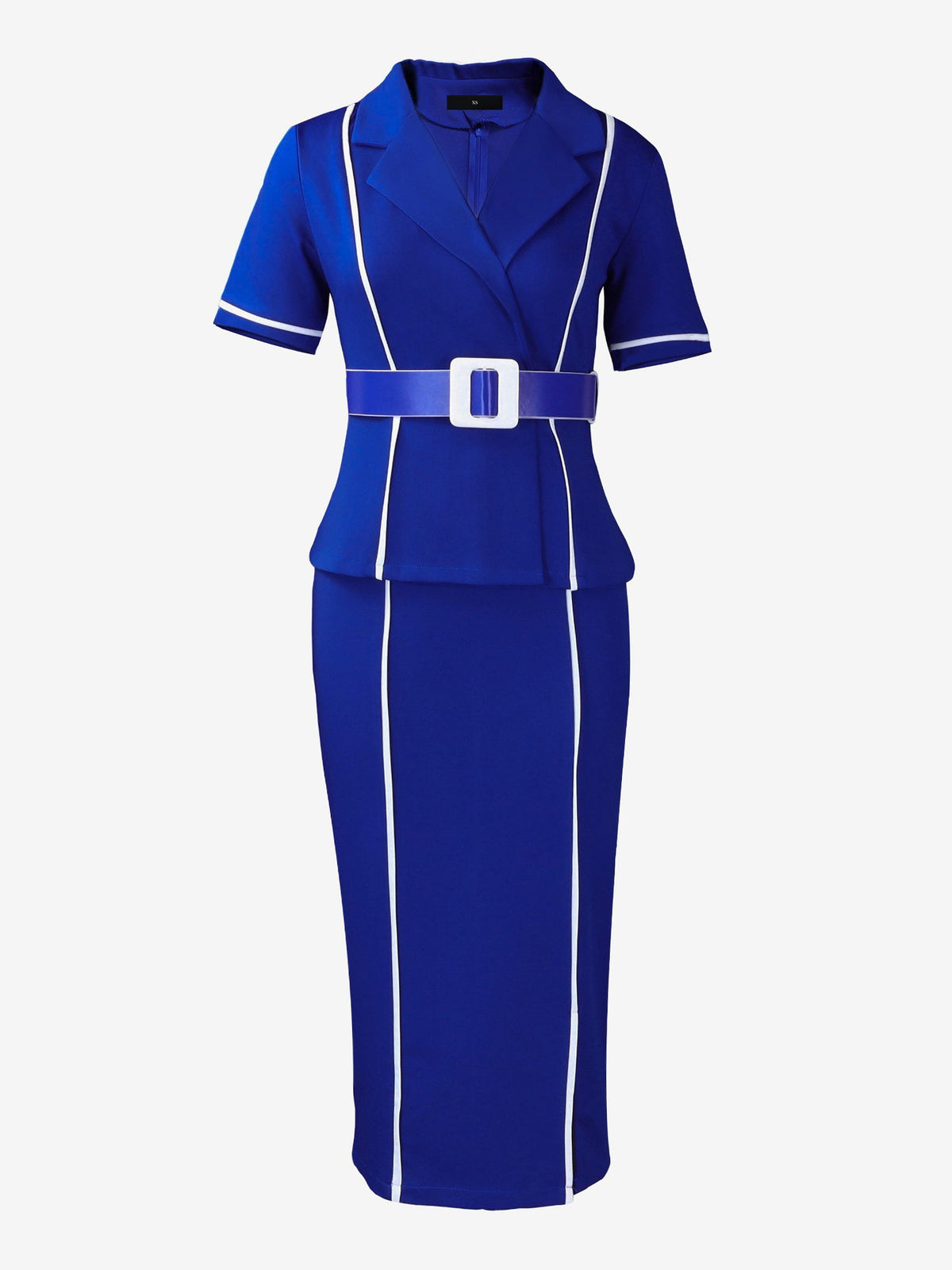 Notched Lapel Colorblock Belted Midi Sheath Dress