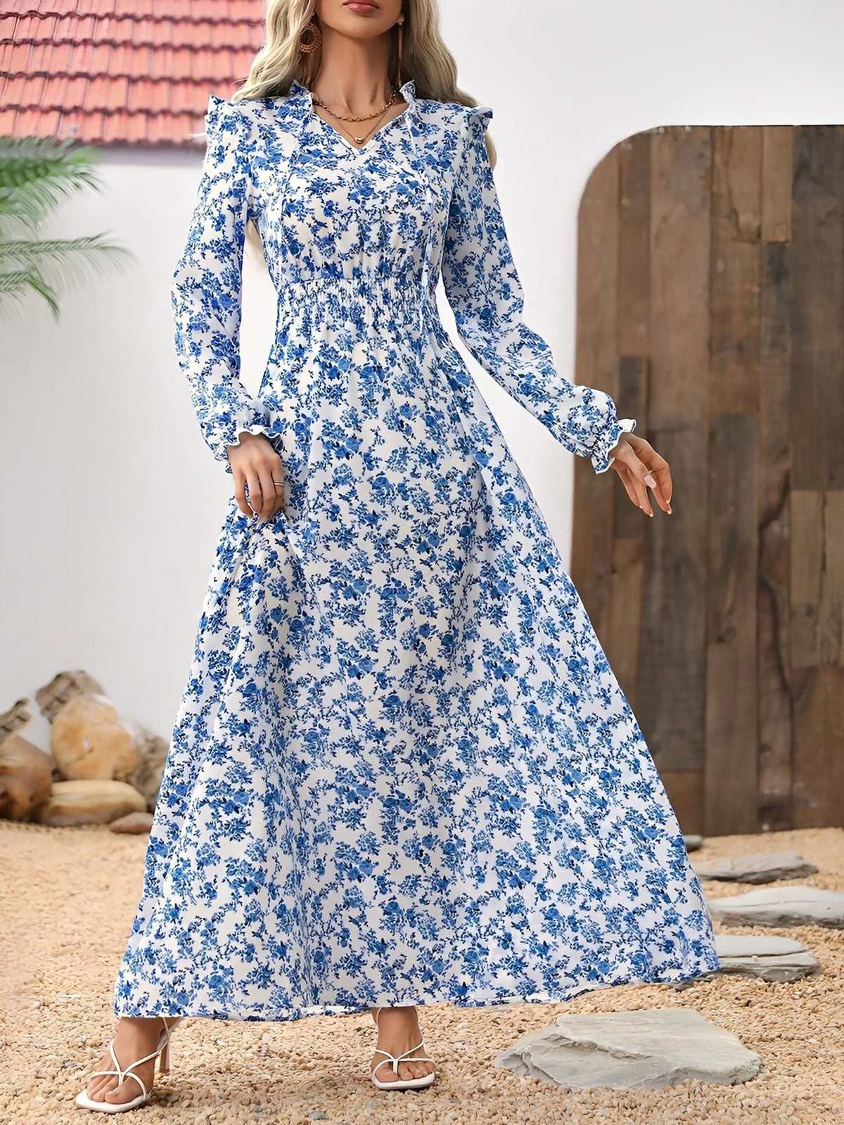 Printed Ruffled Long Sleeve Smocked Maxi Dress