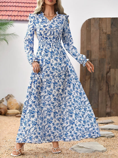 Printed Ruffled Long Sleeve Smocked Maxi Dress