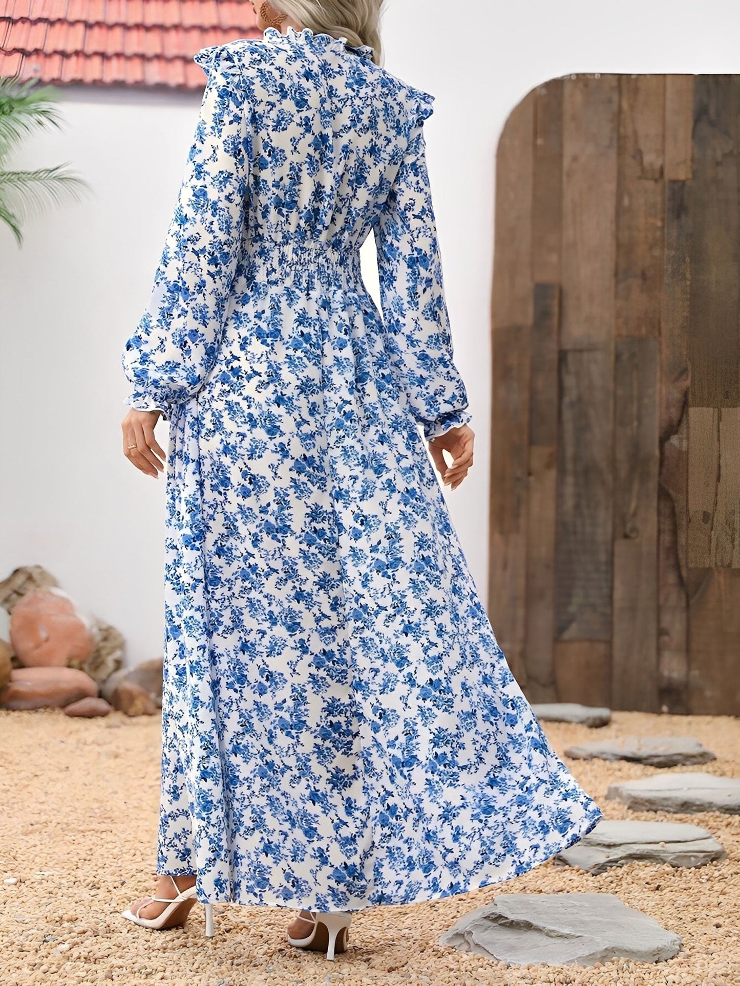 Printed Ruffled Long Sleeve Smocked Maxi Dress